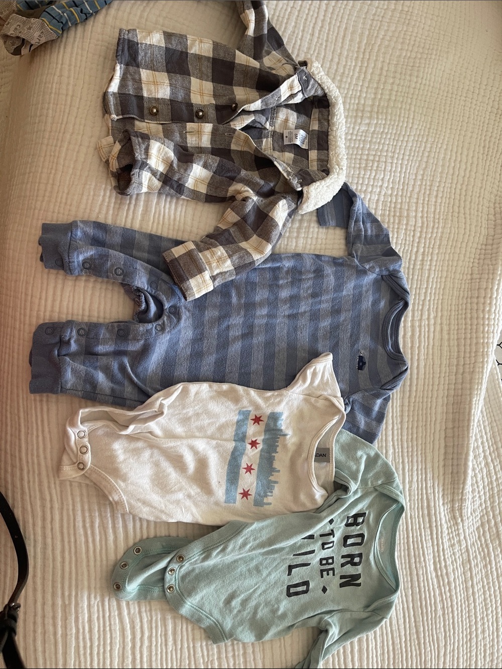 Old Navy Blue Striped Romper, Cream Plaid Sherpa Jacket & Mixed Bodysuit Set